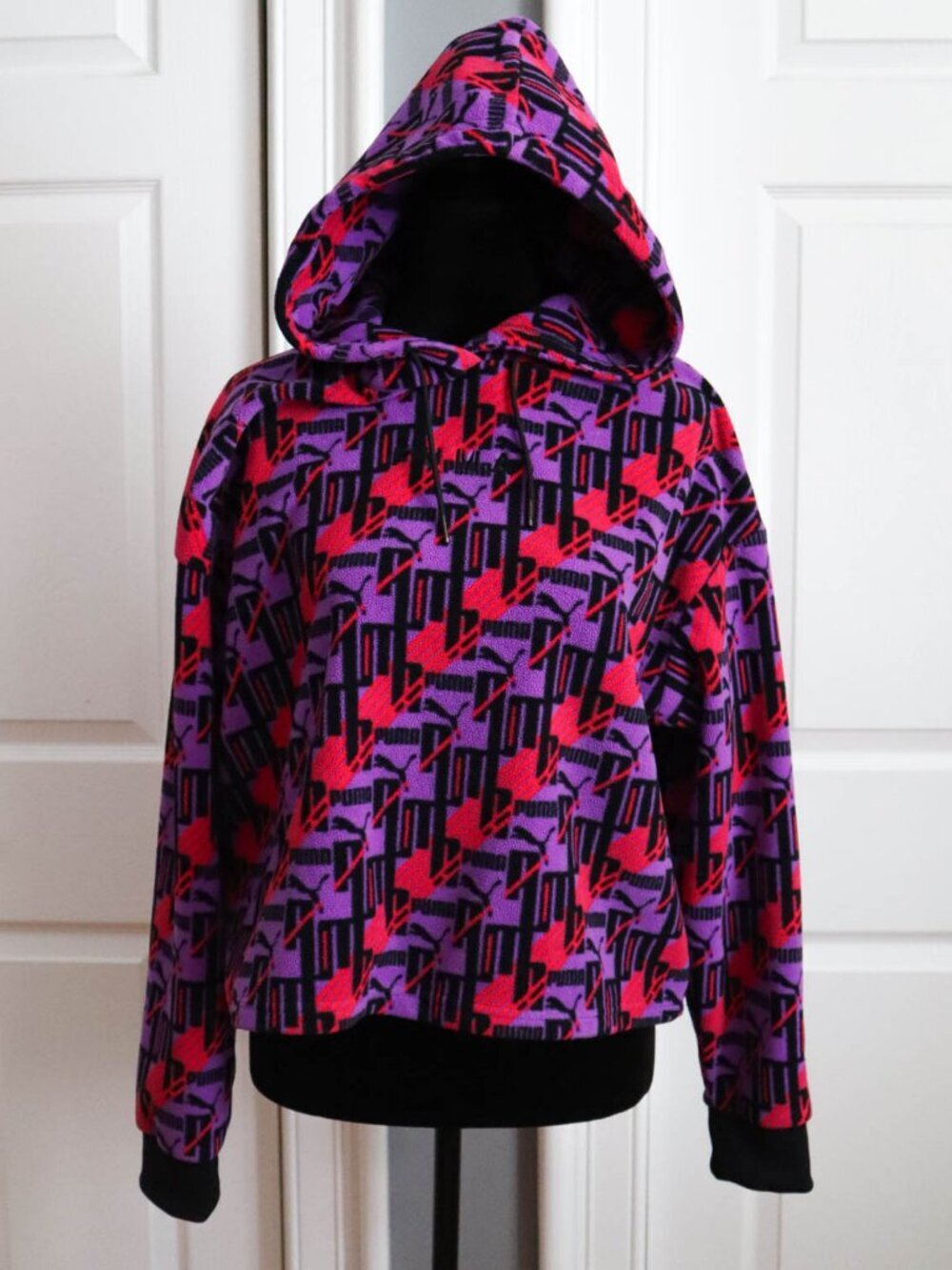 Puma Hooded Pullover Fleece All Over Graphic Logo Print Oversized Sz XS Y2K